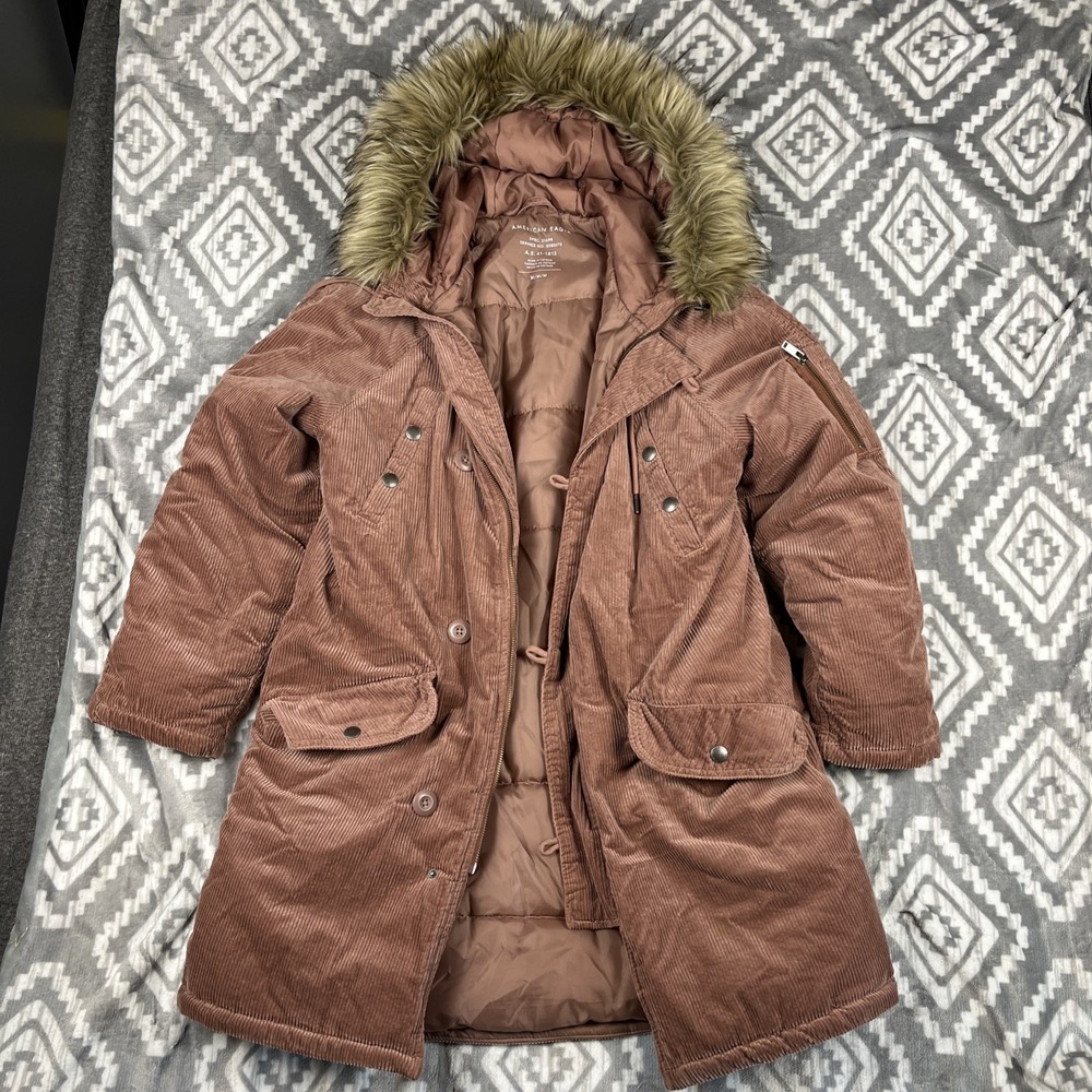 American‎ Eagle Jacket Womens M Corduroy Fur Hood Coat Brown Chore Parka 41-1813